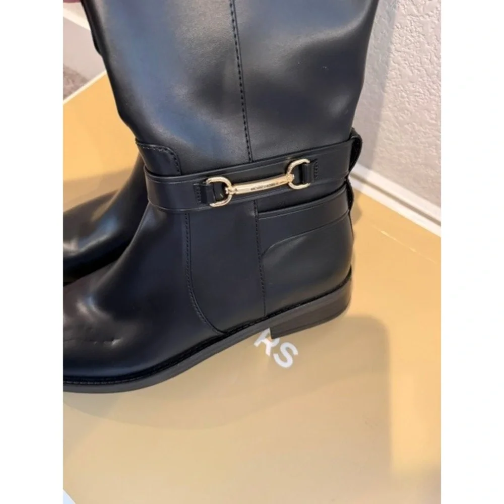 Michael Kors Women Black Carson Tall Flat Riding Boots Gold Bit Faux Leather 9M